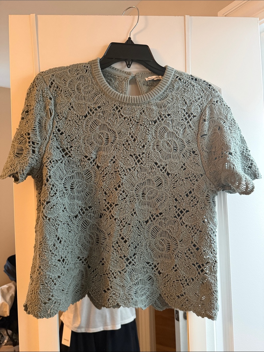 Abercrombie & Fitch Sage Green Crochet Lace Short Sleeve Top